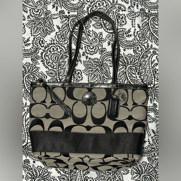 Coach Signature Stripe Zippered Tote Bag Purse Black Gray Shopper F19046 - Picture 8 of 10